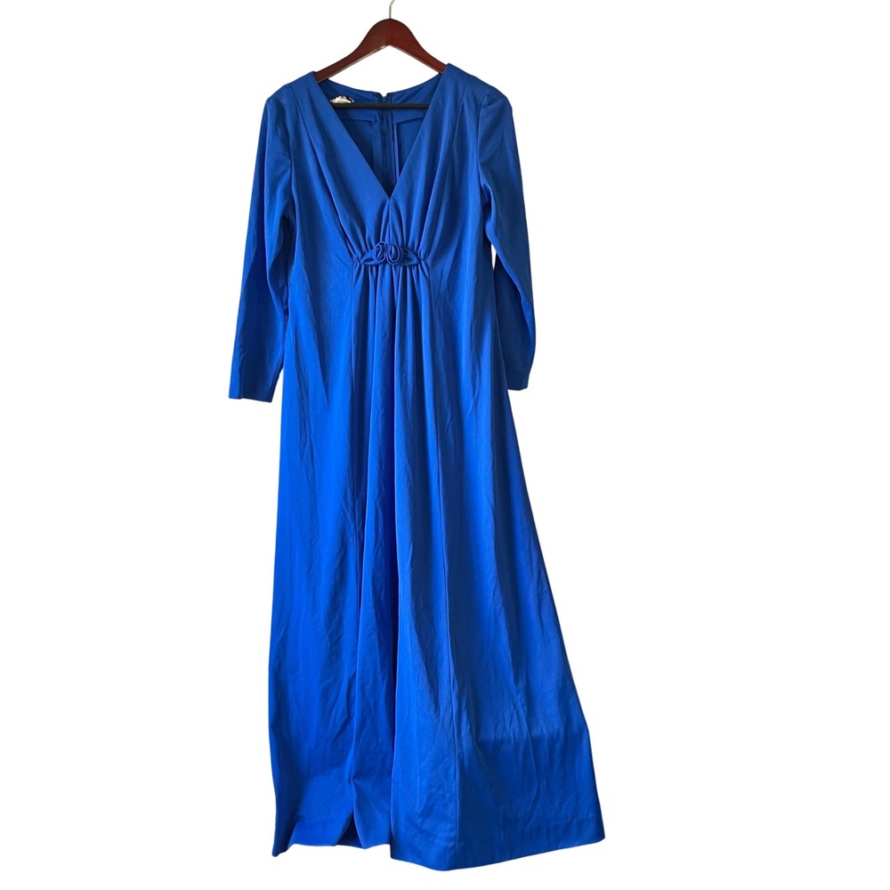 Vintage Original Royal Blue Maxi Dress Rosette Empire Waist 70s evening formal
